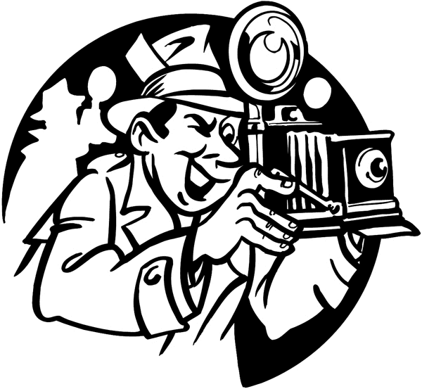 News reporter with vintage flashbulb camera vinyl sticker. Customize on line. Newspapers Communication 064-0145